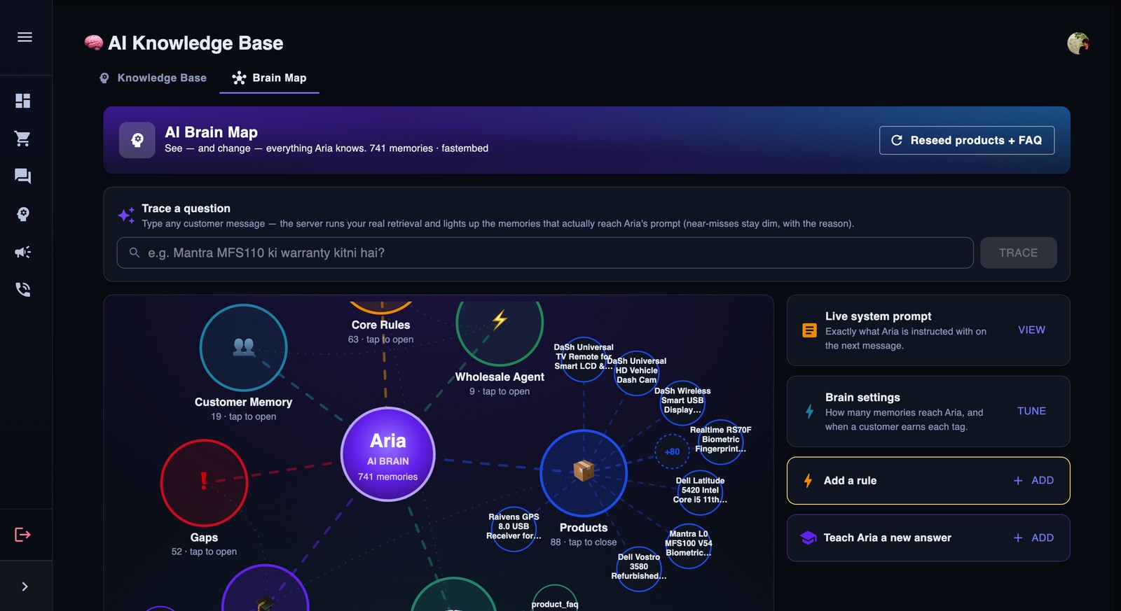 Live Brain Map graph with 741 memories and a trace-a-question tool