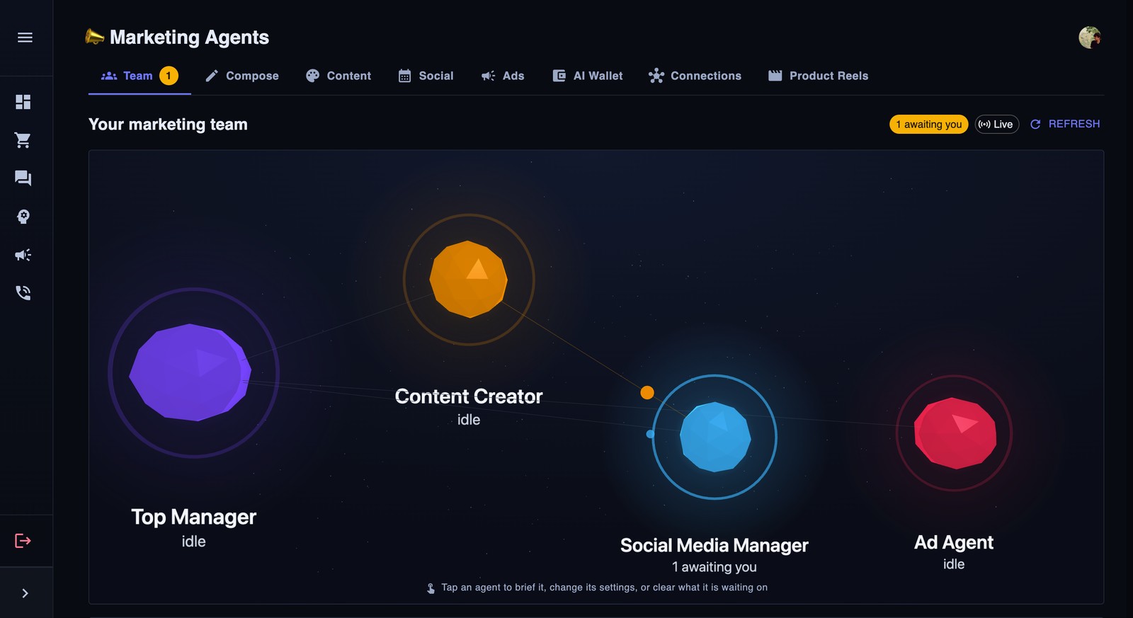 Marketing agents team view showing idle and awaiting states